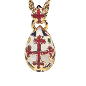 Joan Rivers Necklace Faberge Egg Gold Tone Red Maltese Cross Enamel Classy